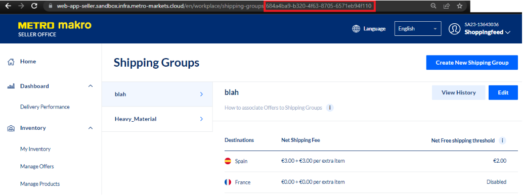 Individuazione dello Shipping Group ID nell'URL